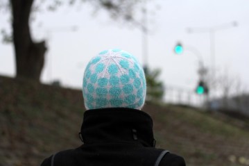 Hand-knitted, stylish hat with aquamarine dots "Moroccan Tiles"