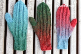Wooly, colourful, hand-knitted mittens ''A pair of three''