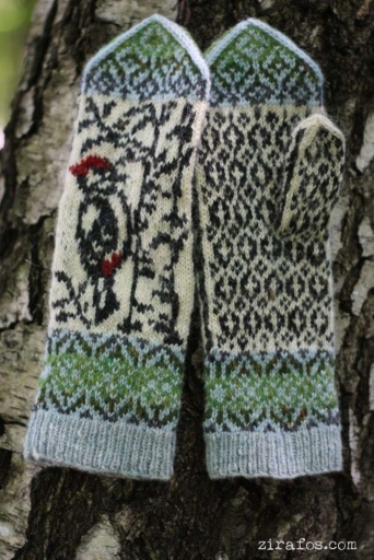 Original, hand knitted, warm, woolen Mittens "A Story of a Woodpecker"
