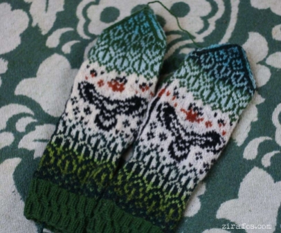 Original, hand knitted, warm, woolen Mittens "Flying Hoopoe"
